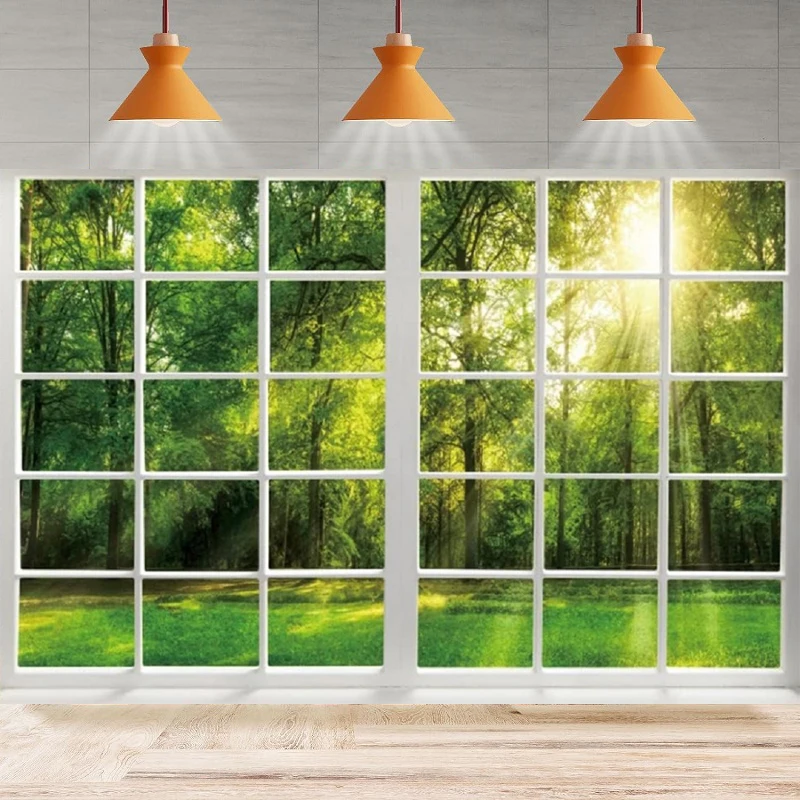 Photography Background Spring White Window Scenery Sunshine Green Forest Trees Grass Natural Landscape Home Party Backdrop Wall