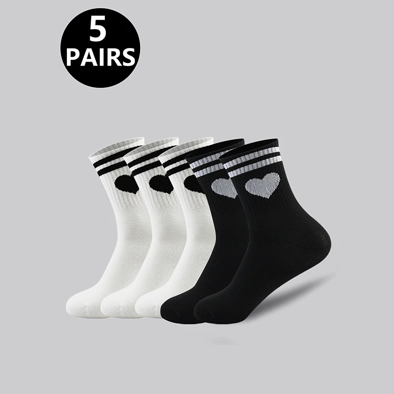 5/10 Paar Damen-Socken mit rundem Halsausschnitt und herzförmigen Streifen, bequem, atmungsaktiv, feuchtigkeitsableitend, schwarz, schmutzabweisend