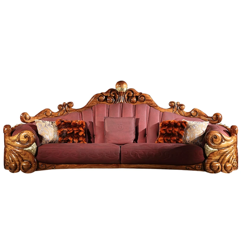 ヨーロッパの革張りの無垢材ソファ組み合わせヴィラ大型アパートハイエンド高級黒檀木彫りの花家具K3