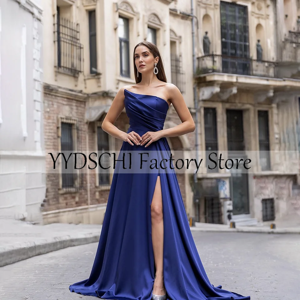 

Customized 2024 Evening Dresses Celebration A-Line High Slit Blue Spaghetti Strap Cocktail Strapless Off The Shoulder Pleated