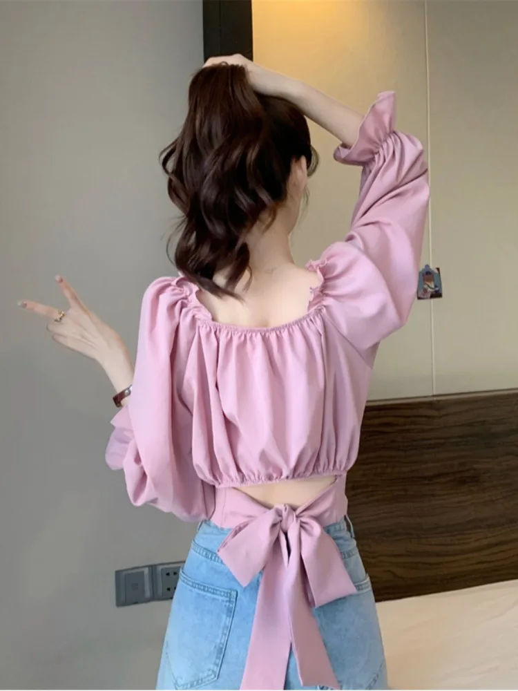 

Korean Style Knot Waist Cinching Shirt Women's Spring Summer Beautiful Shoulder Bared Short Shirt Flattering Top