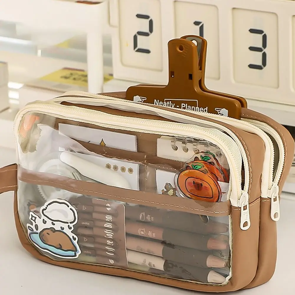 Creative Capybara Pencil Case 5 Layers Transparent Pen Bag with Handle Large Capacity Stationery Organizer Student Gift