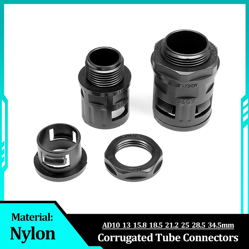 

Plastic Nylon Corrugated Tube Connectors Bellows Pipe Joint AD13 15.8 18.5 21.2 25 28.5 34.5mm End Fittings Conduit Gland