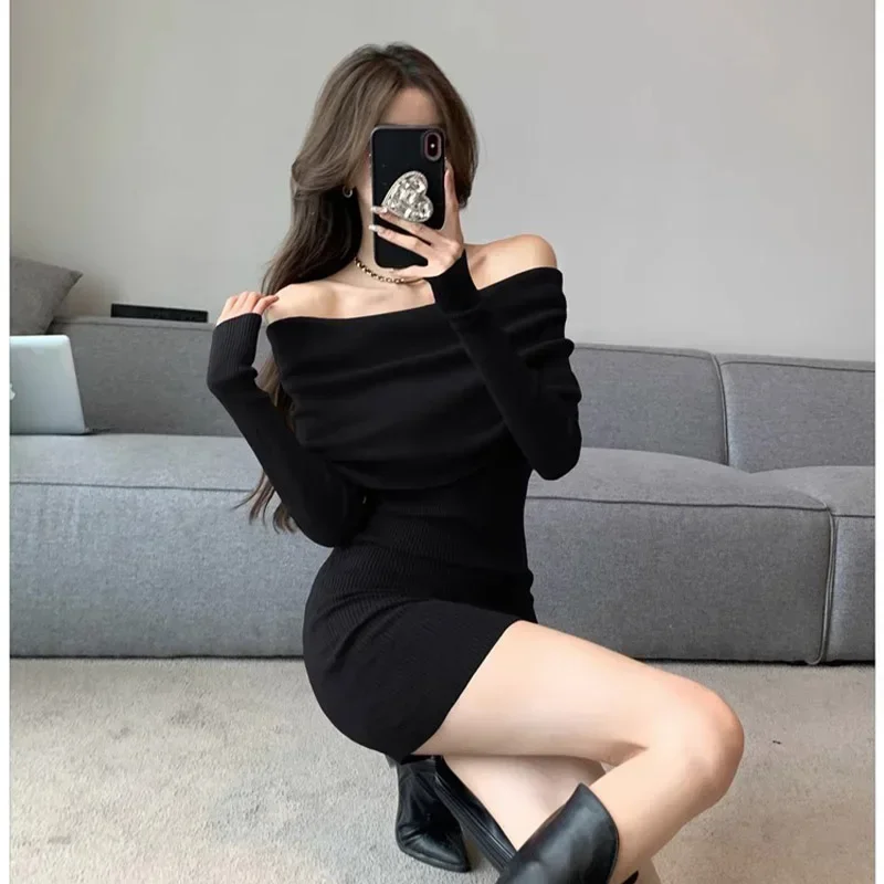 

Autumn Winter Vintage Solid Slash Neck Knitted Dresses Women Clothing Temperament Elegant Commute Soft Sweater Dress
