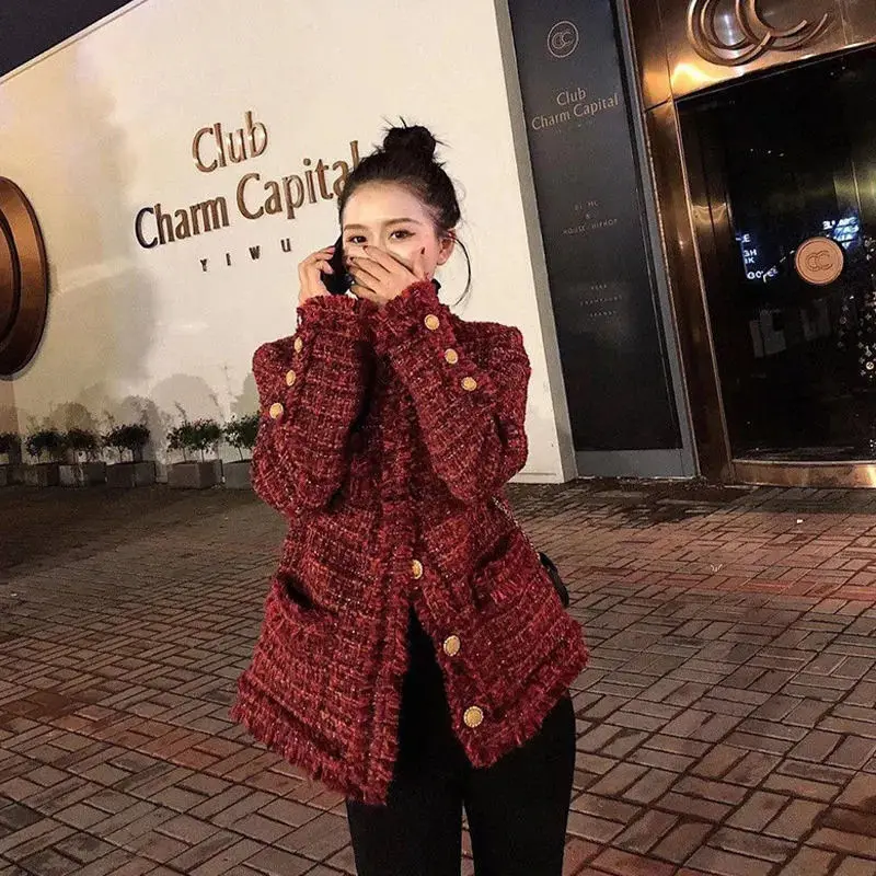 

2024 Autumn New French Style High-end Luxury Elegant Beautiful Red Coat for Women Short Coarse Woolen Fashionable Coat for Women