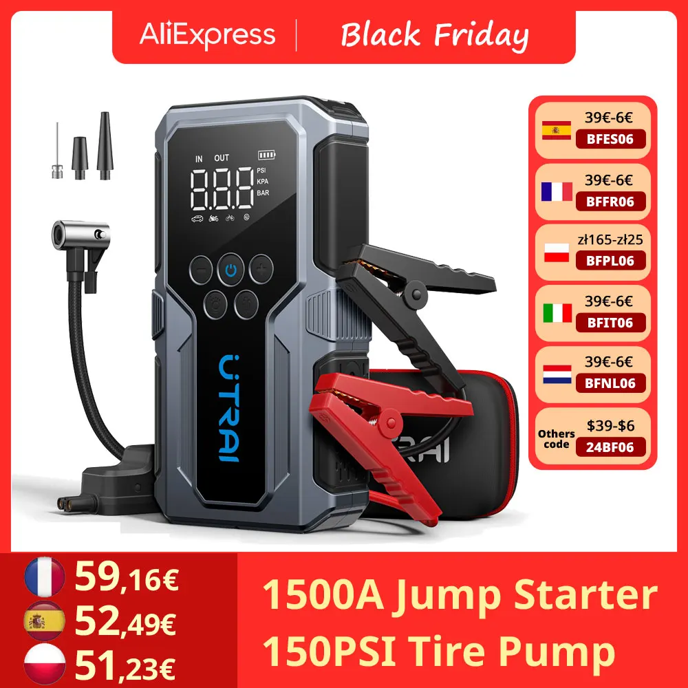 UTRAI 2024 New 1500A Car Jump Starter Power Bank with 150PSI Air Compressor Car Emergency Booster Starting Device For 12V Auto