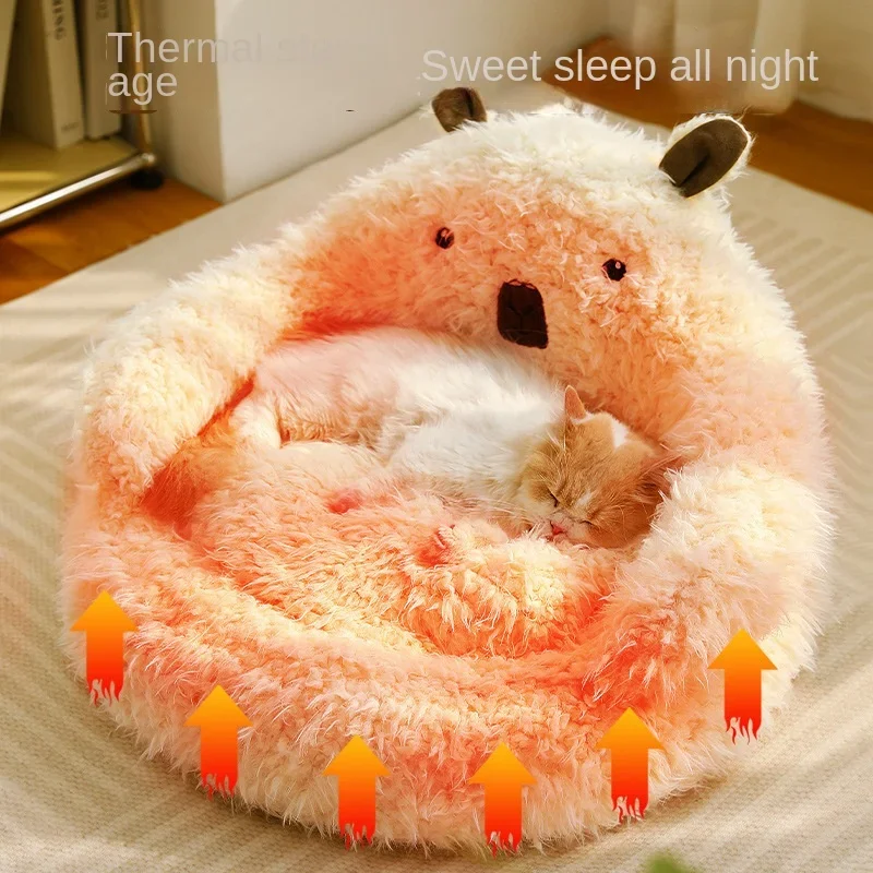 Warm Pet Sofa Bed for Small Self-Warming Dods and Cats Soft Long Plush Alpaca Comfortable Shape Cat Sleeping Bed Donut Pet Bed