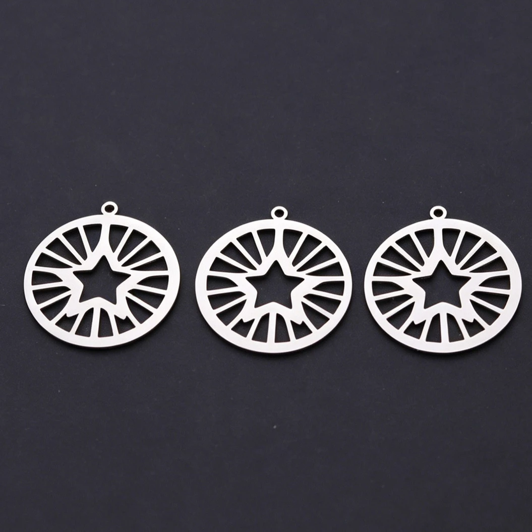 3pcs Stainless Steel Round Hollow Sunburst Five-pointed Star Charms Pendant for Keychain Simple Celestial Necklace DIY Supplies