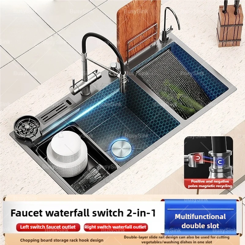 Évier de cuisine cascade en acier inoxydable, lavabo multifonctionnel, éviers de vaisselle à Double fente pour la maison