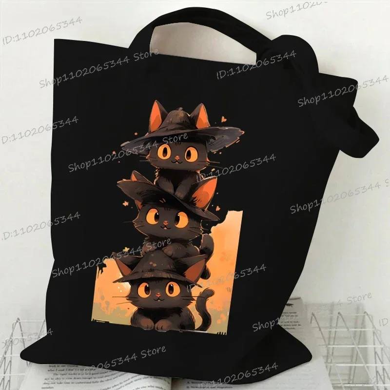 Canvas Tote Bag Anime Black Cat Print Shopping Bag Women Graphic Casual Fashion Teen Handbag Cartoon Kitten Side Bag for Ladies