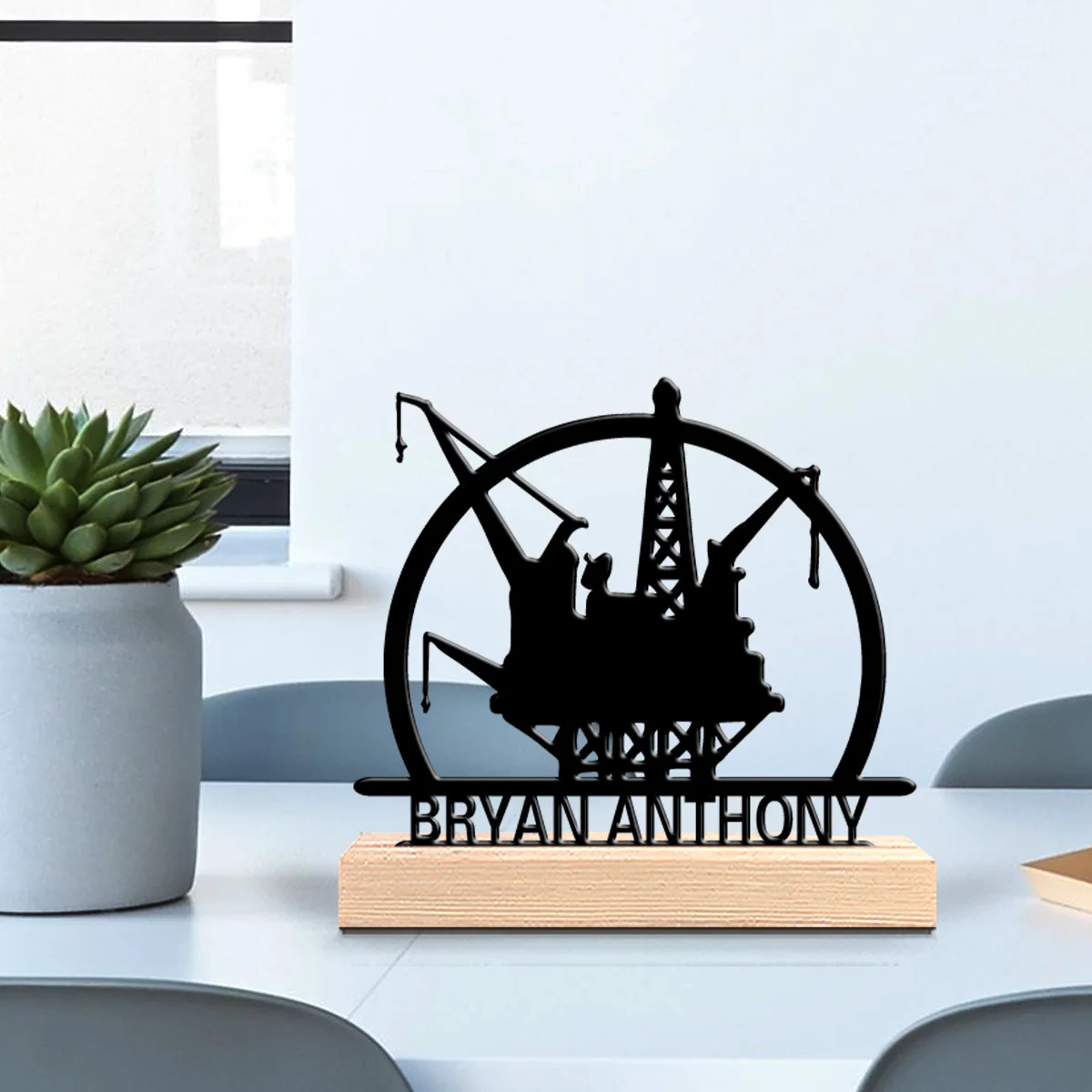 1pc Abstract Offshore oil drilling Custom Letter Metal Statue Iron Art Figurine With Wood Base With Wood Base For Friend Gifts