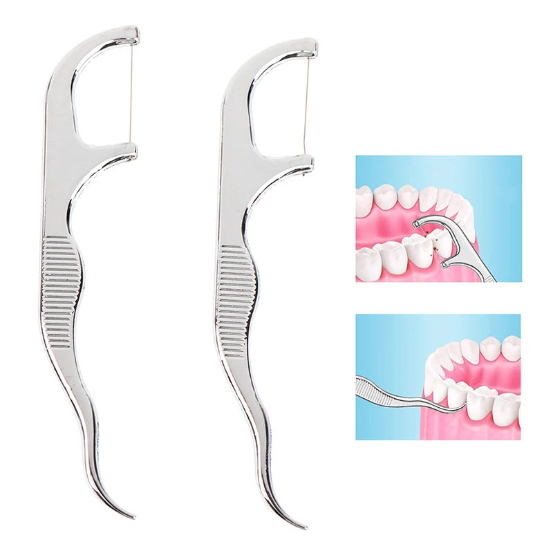 Palito de aço inoxidável com caixa, fio dental, reutilizável, suporte do fio dental, 1 conjunto