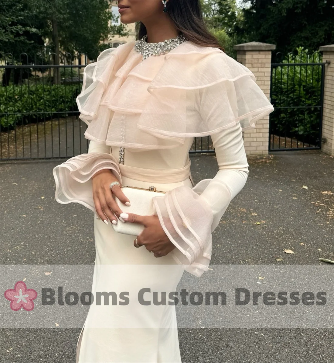 Customized Crystal Beaded Evening Dresses A-line Tiered Ruffle Long Sleeves Formal Occasion Party Dress For Prom Wedding Guest