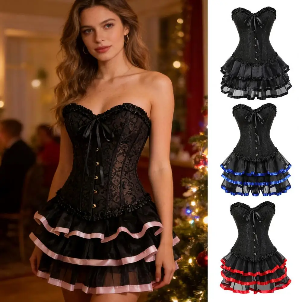 Victorian Vintage Cosplay Party Outfit, Women Floral Bustier Corset Top And Skirt Sexy Lace Up Babydoll Corset Skirt Set view 5