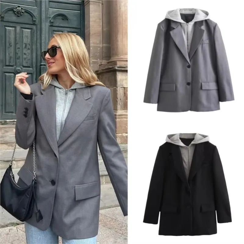 

Casual Loose Hooded Blazer Women Elegant Single Breasted Long Sleeve Suit Coat Office Lady 2025 New Autumn Fashion Solid Coats