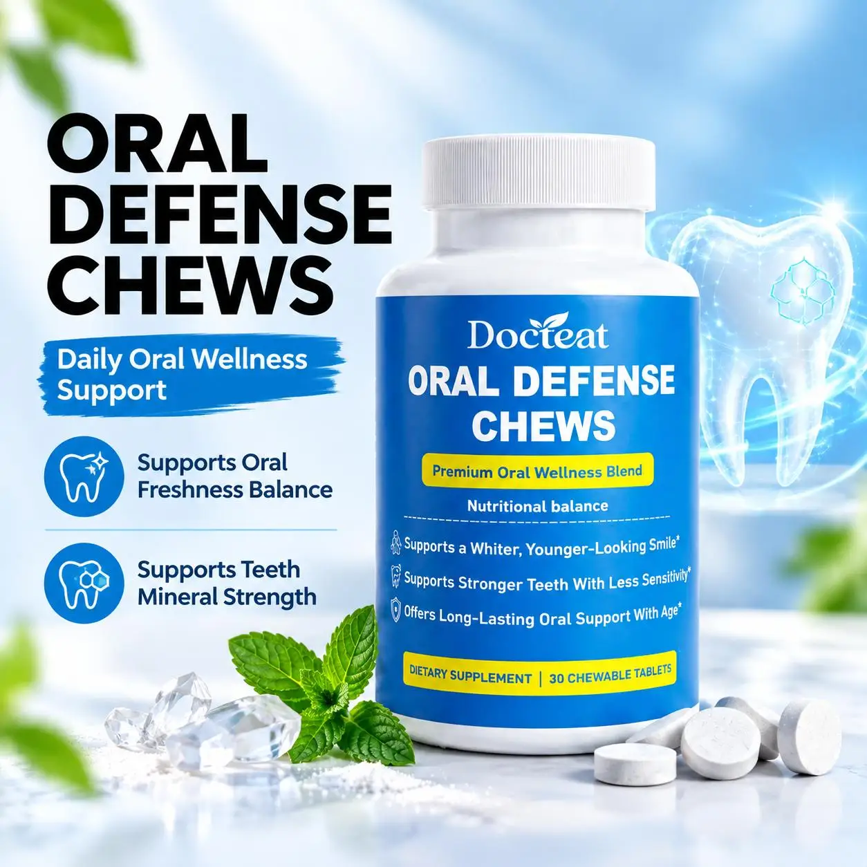 Oral Defense Chewable Tablets Supports Oral Freshness Care Enamel Strength Hydroxyapatite Vitamin C D3 Zinc 30pcs Fresh Breath