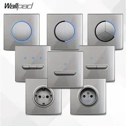 Glass Panel Grey Wall Switch Round Button with Blue LED Indicator Press Button Home Office EU Electrical Outlet Power Socket