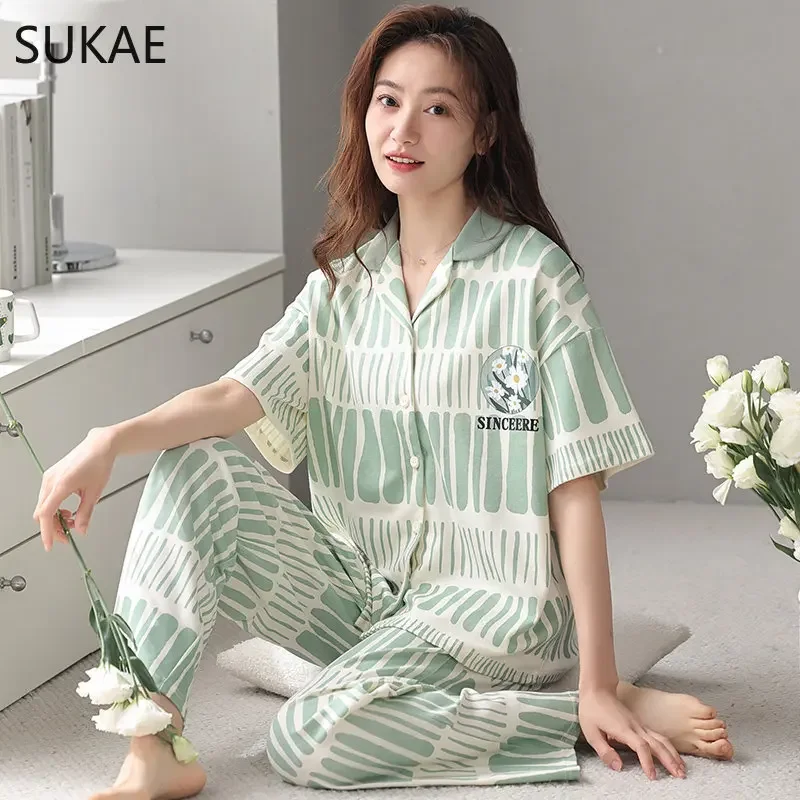 SUKAE Elegante Mulher Conjuntos de Pijama de Alta Qualidade Algodão Sleepwear Verão Manga Curta Cardigan Pijamas Casual Lapela Pijamas Pjs