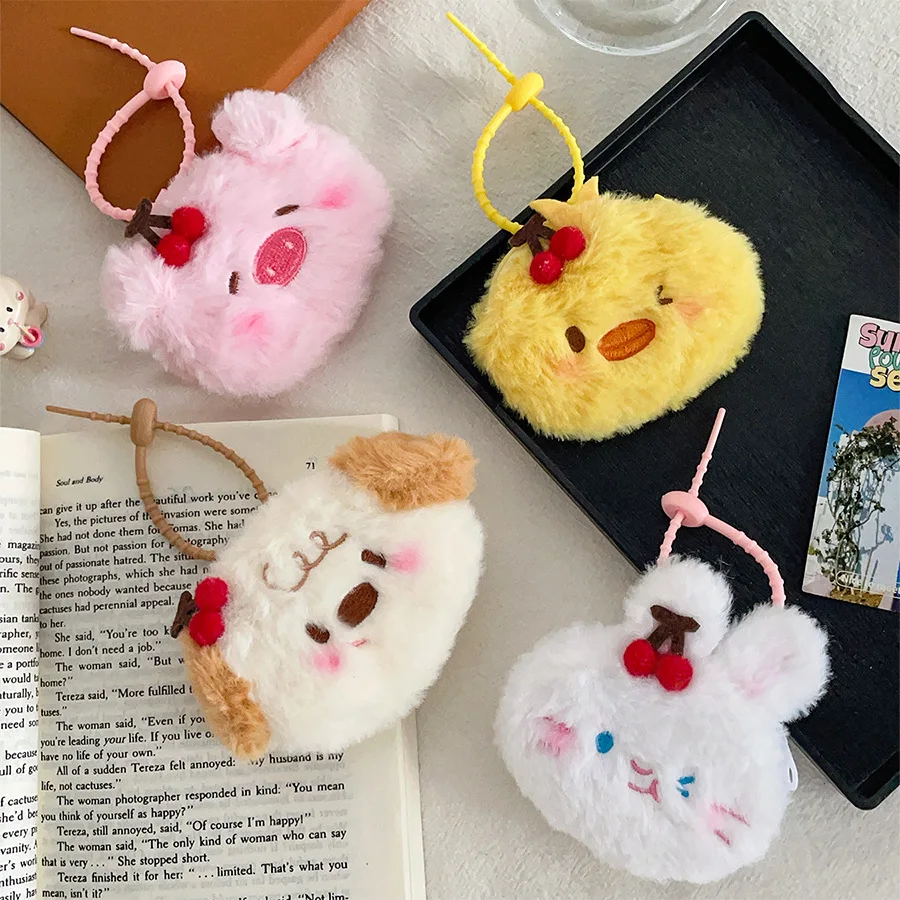 Mignon cerise petit Animal en peluche porte-monnaie pendentif dessin animé doux en peluche lapin cochon chiot stockage écouteur sac porte-monnaie enfants cadeau