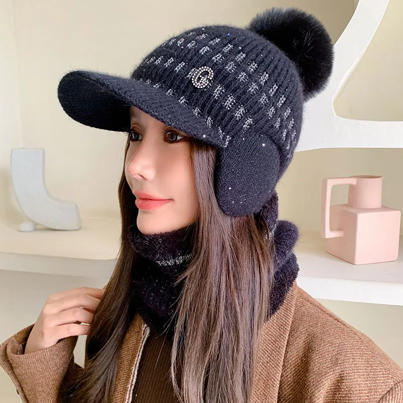 New Ear Wrapped Padded Knitted Warm Hat Women's Autumn and Winter Warm Woolen Neck Duck Tongue Baseball Cap