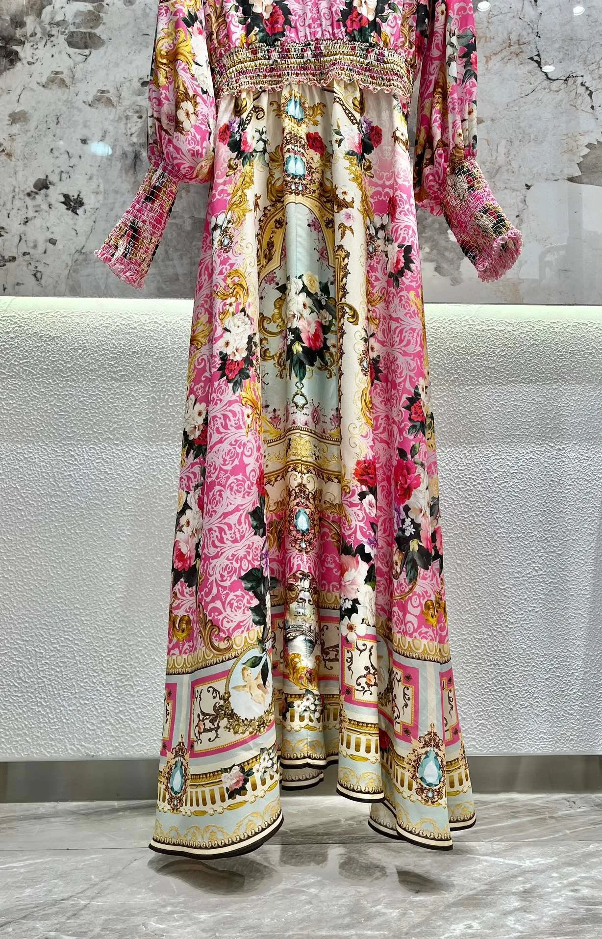 Women Bohemian Style Retro Pink Flower Print Heavy Beaded V Neck Maxi Long Silk Dress