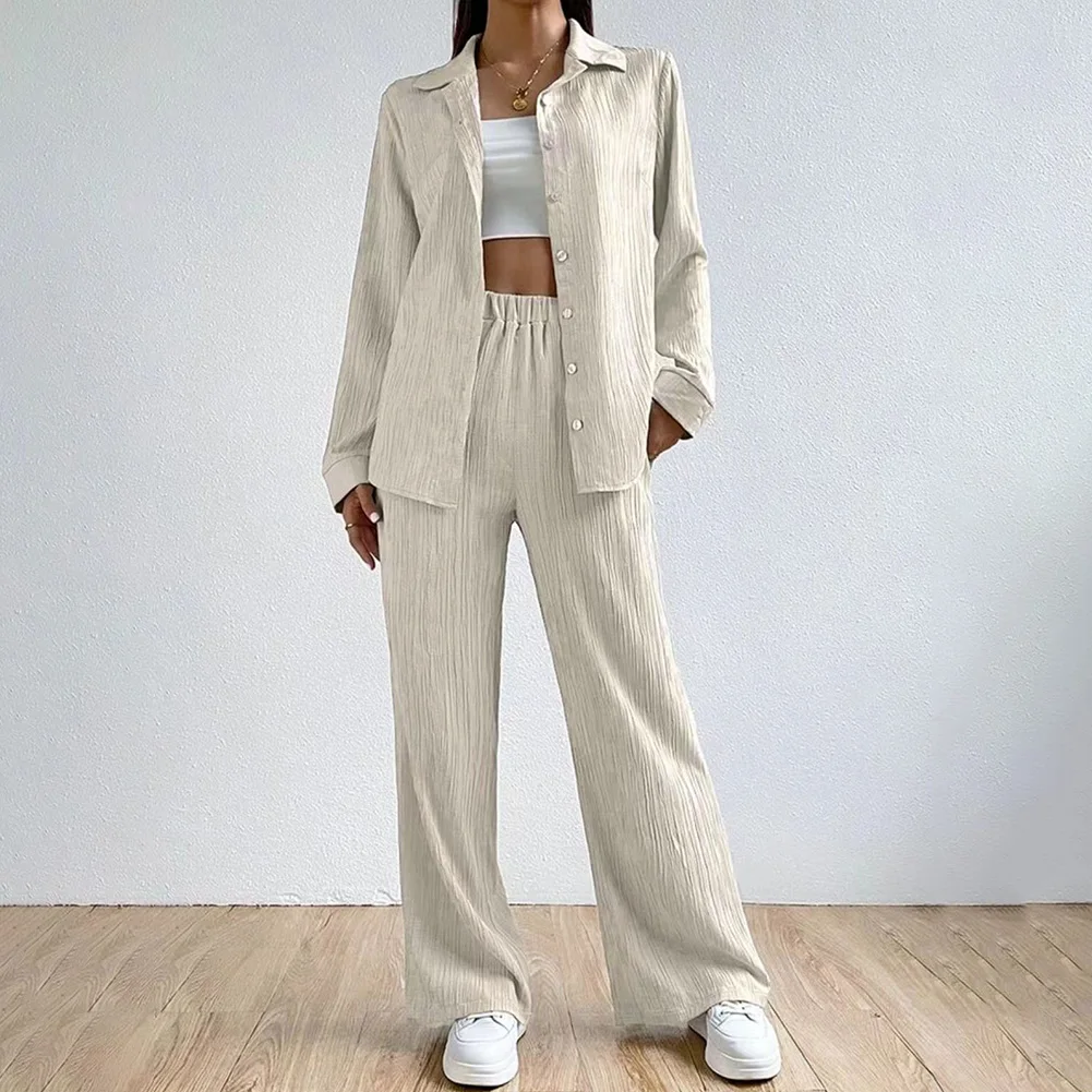 Holiday Loose Straight Leg Pants Casual Women Clothing Brand New Button-down Shirt Lapel Neckline Polyester Fabric