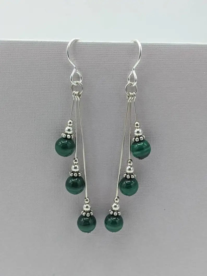 Malachite earrings, asymmetric earrings, malachite beaded earrings