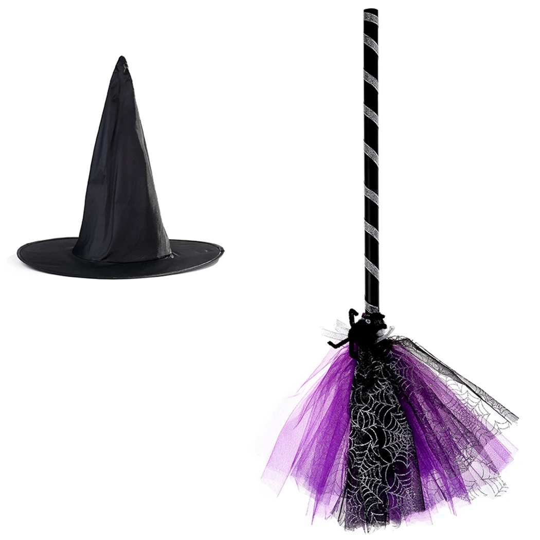 2Pcs Halloween Party Witch Broom Plastic Witch Broomstick Kids Broom Props Witch Hat For Halloween Cosplay Costume Party Decor