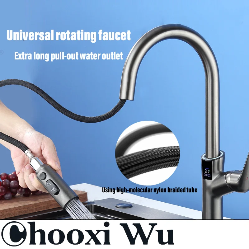 CHOOXIWU-Kitchen pull-out digital display faucet, dual hot and cold controls, hydroelectric power