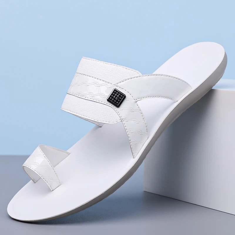 

Men's Summer Embossed Toe Loop Slide Sandals, Anti-Slip Soft Sole Casual Slippers with Metal Ornament-DH5122
