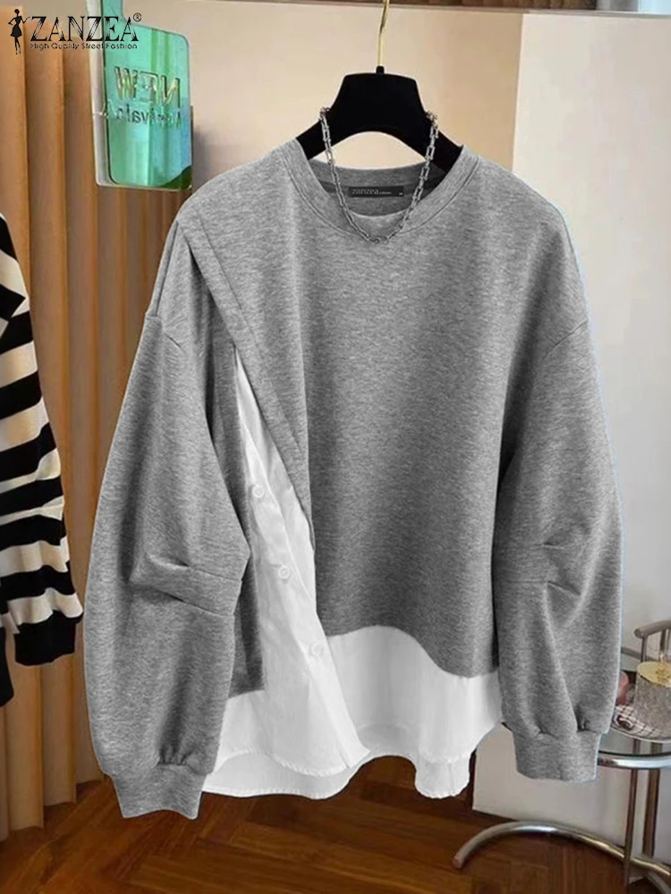 ZANZEA Mode Vrouwen Sweatshirts 2025 Herfst Patchwork Trui Casual O Hals Lange Mouw Tops Hoodies Nep 2 Stuks Sweatshirt