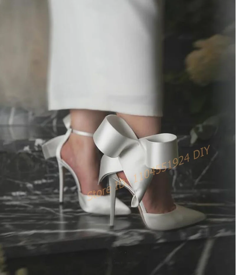 

Pure White Butterfly Knot Patterned Thin Heeled Pumps Bride Wedding Pointy Toe High Heel Women's Shoes Ladies Stilettos