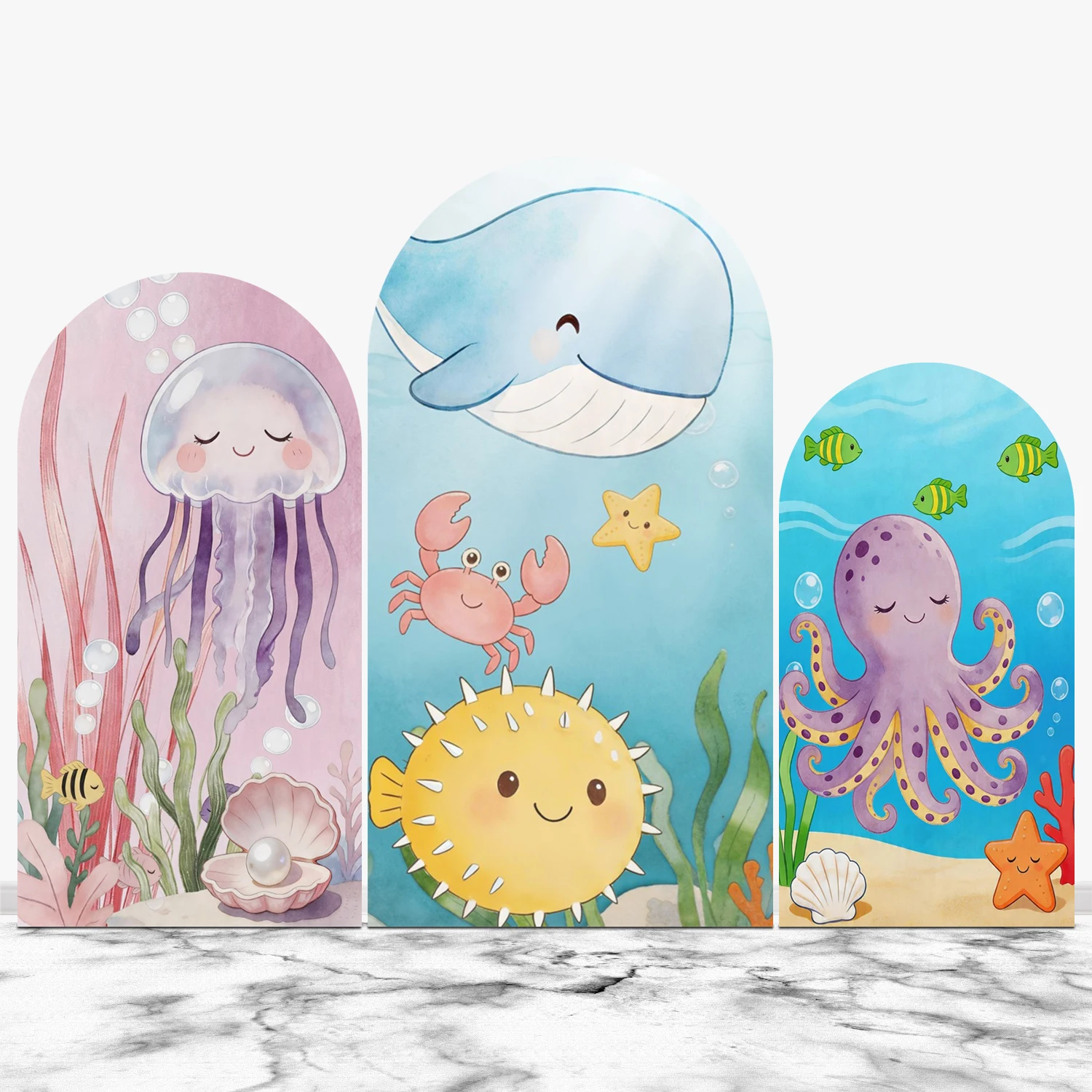 Underwater World Arch Cover Background for Baby Shower Birthday Party Ocean Dolphin Octopus Jellyfish Elastic Arched Backdrop