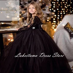 Black Flower Girl Dresses For Weddings Tulle Ball Gown Long Sleeves Tulle First Holy Communion Dresses For Little Girls