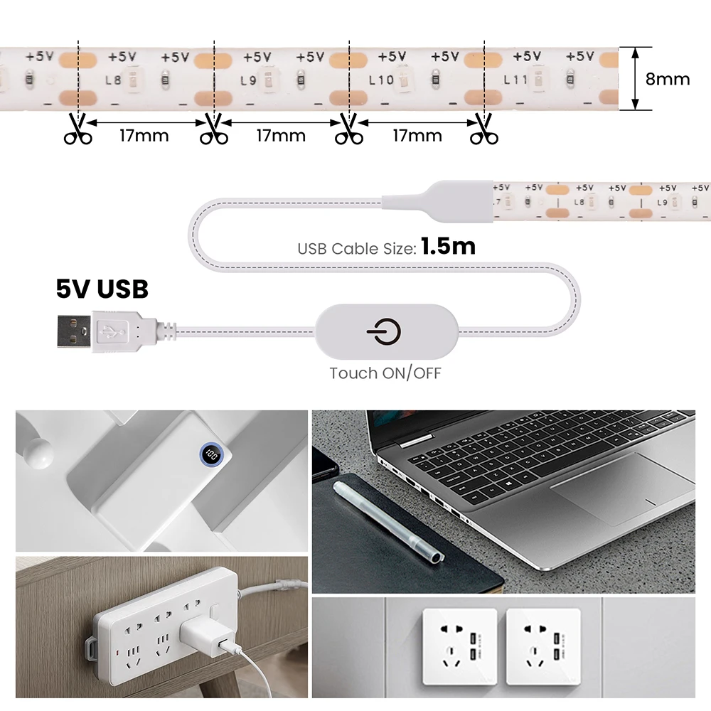 DC 5V 2835 LED Strip Light 60LEDs/m Flexible Led Tape Ribbon with Dimmer Switch for Under Cabinet TV Backlight Light
