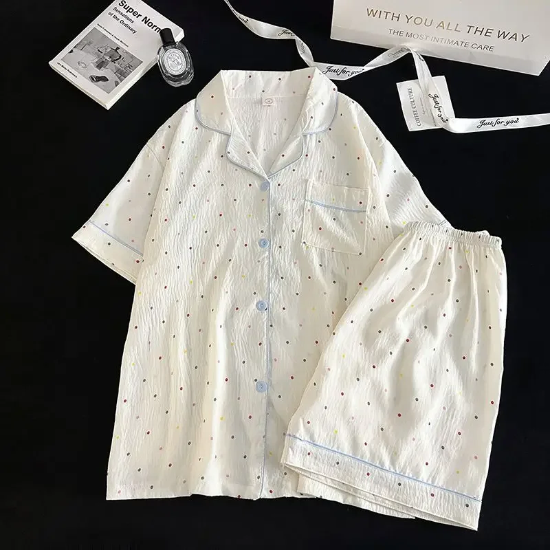 Polka Dot Elegant Women 3PCS Pajama Set Sleepwear Pajama Set Top and Pant with Shorts 3 Piece Set Home Suit Sweet Outfits Y2K image 4