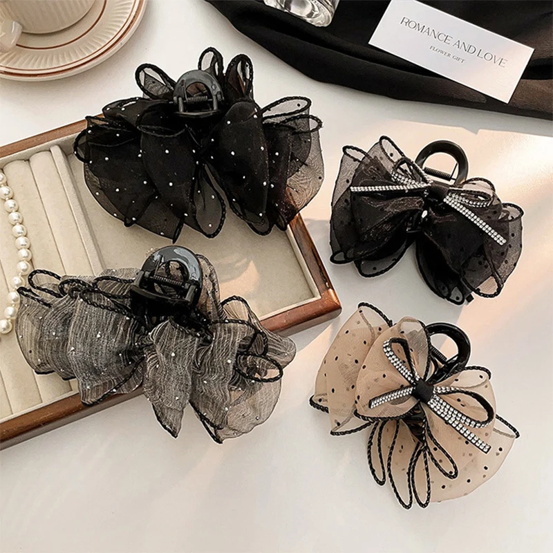 Elegant Mesh Bow Hair Clips Women Ponytail Claw Clip Sparkling Rhinestone Clips Hairpin Girls Headdress Hair Accessories