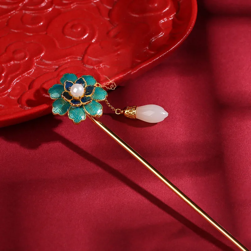 Enamel pearl flowers fringed hairpins court-style natural Hetian jade hair jewelry tiara high-end jewelry hanfu accessories