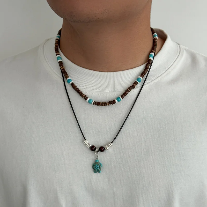 Natural Coconut Shell Men Necklace Tropical Beach Vacation Style Pendant Choker Jewelry for Summer Outfit Casual Styling - view 2