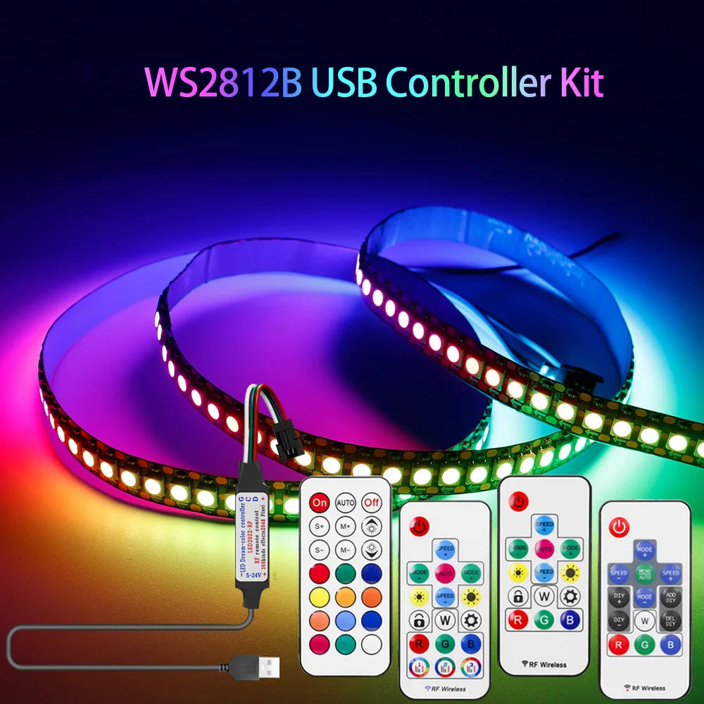 Taśma LED DC5V WS2812B 14/17/21 klawiszy Zestaw kontrolera USB 30/60/144 diod LED/m Dreamcolor Indywidualnie adresowalna taśma LED RGB