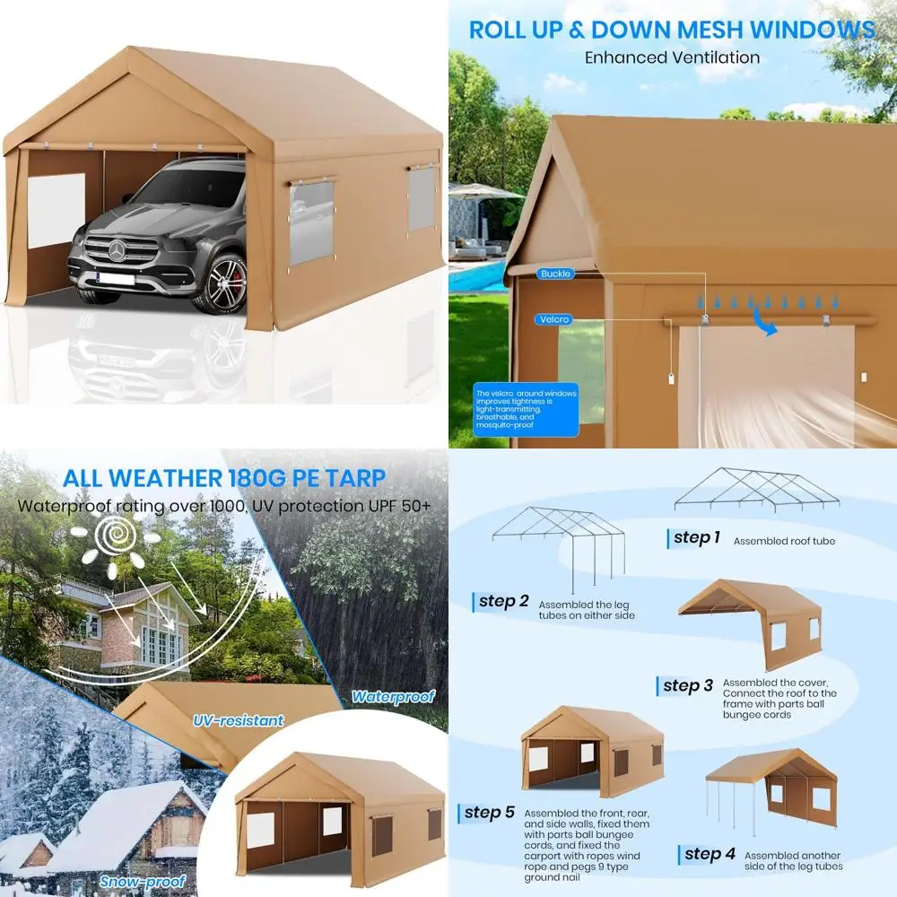 carport 12x20 heavy duty portable garage,carport canopy with roll-up windows & doors,portable garage and shelter with removable