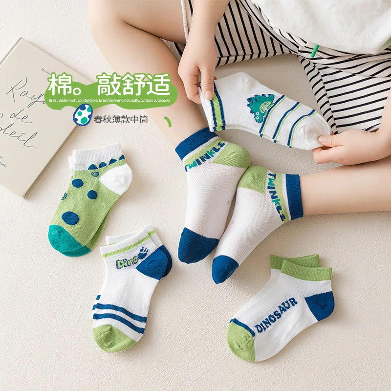 

5 Pairs Children's Socks 2024 Summer New Cartoon Dinosaur Short Socks Middle And Large Kids Combed Cotton Mesh Boys Socks Gifts