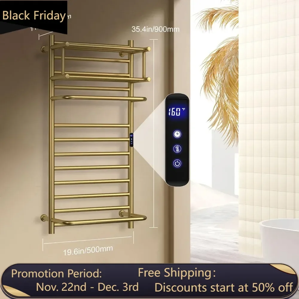 

Towel Warmer with Top Shelf, Wall Mounted Heated Towel Racks for Bathroom Gold, Electric Towel Drying Rack with Timer