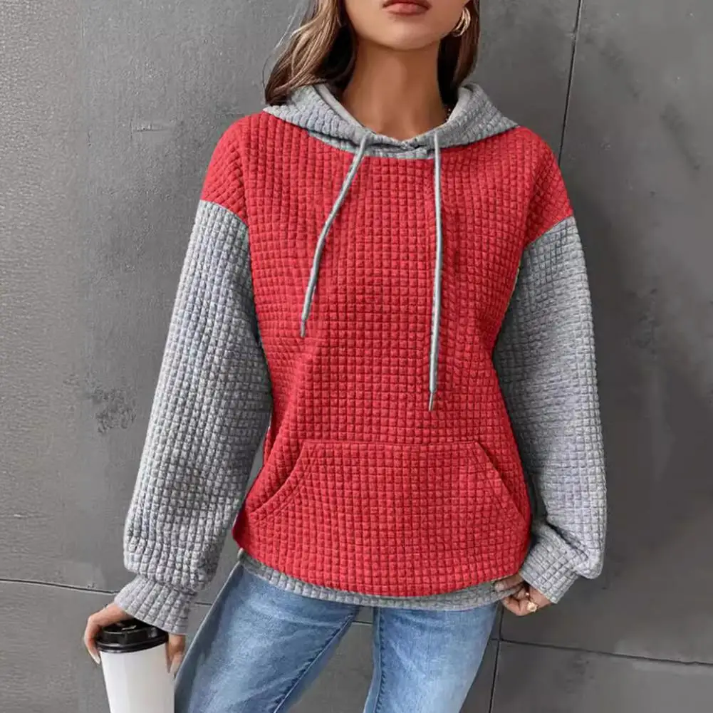 

Color Block Kangaroo Pocket Hoodie Women's Color Matching Drawstring Hoodie with Waffle Texture Big Pocket Fall Winter for Daily