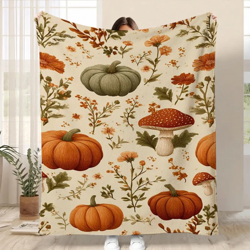 Vintage Pumpkin Mushroom Blanket Autumn Floral Bed Throw for Sofa Car Nap Travel Cozy Room Decor Thanksgiving Holiday Souvenir