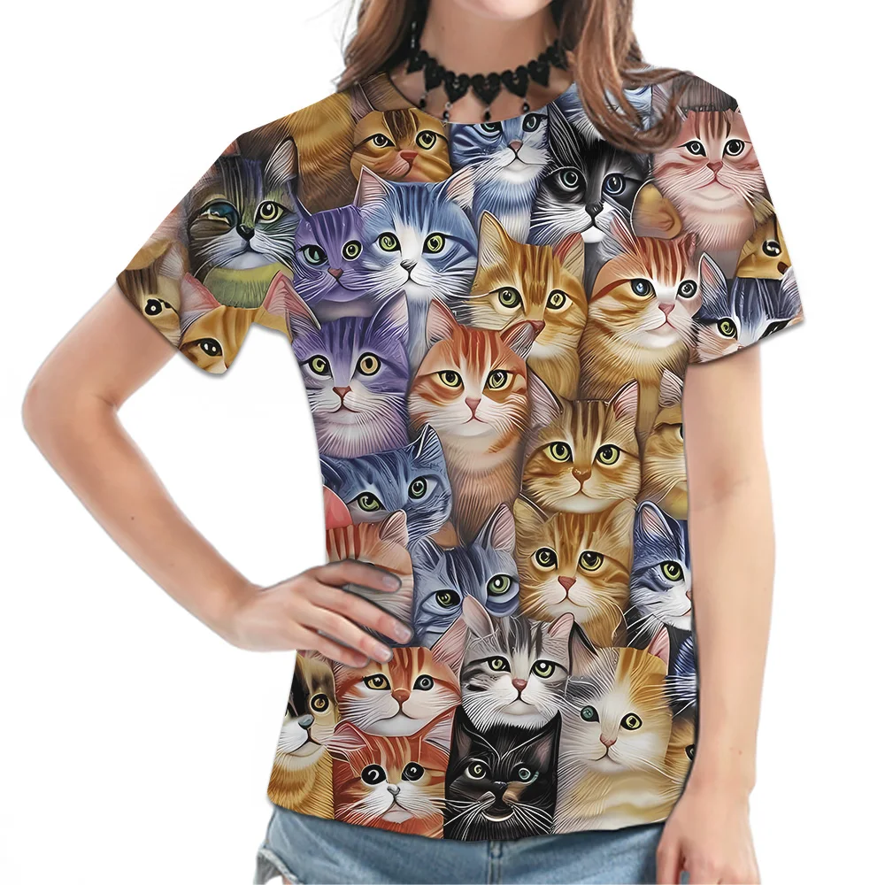 Women's Black Short-Sleeve Tee - Colorful Cat Pattern Graphic Print, Cute Animal All-Over Design Casual Top, Stylish Daily Wear