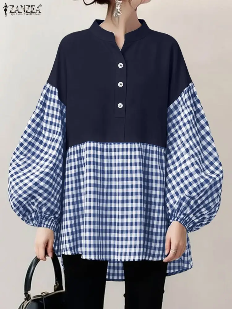 

ZANZEA клетчатые лоскутные женские блузки большого размера с воротником-стойкой и рукавами-фонариками, повседневные шикарные дизайнерские топы, осенняя женская одежда 3XL