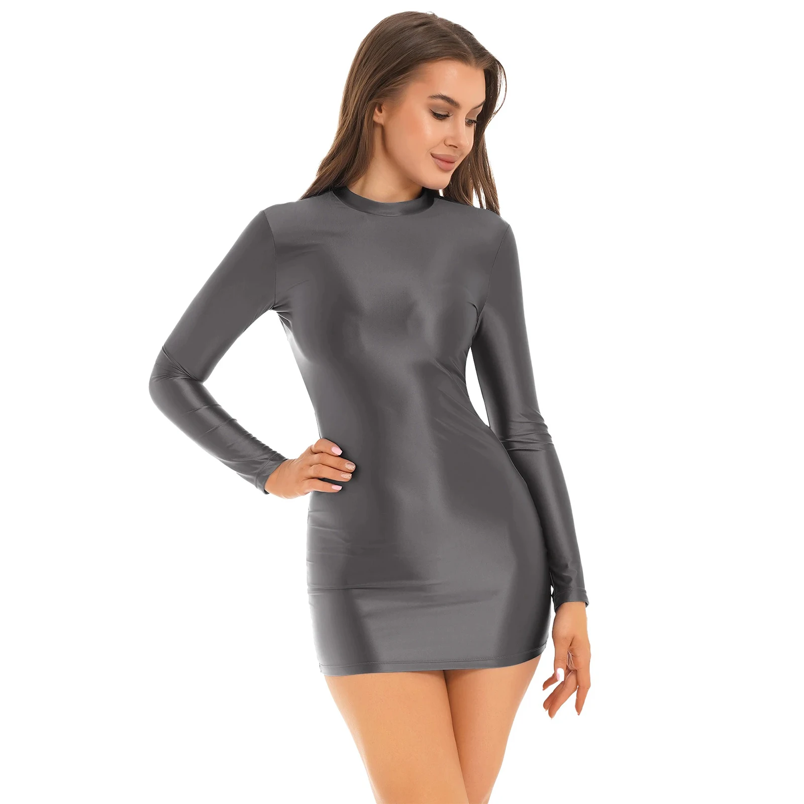 Womens Shiny Glossy Long Sleeve Bodycon Dress Mock Neck Party Pencil Mini Dresses Pole Dance Stage Costume Nightwear Clubwear