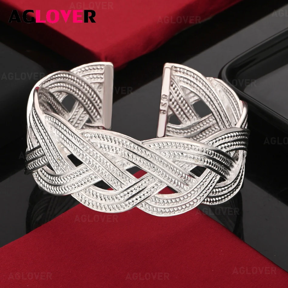 

AGLOVER 925 Sterling Silver Braided Bracelet Open Adjustable Bracelet Charm Fashion Woman Engagement Jewelry