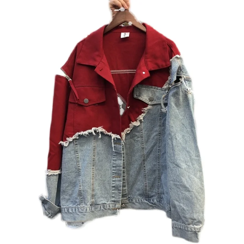 Red Spliced Ripped Denim Jacket Women Pocket Lapel Tassel Fashion Patchwork Jeans Jacket Spring Autumn Loose Jeans Coat Female